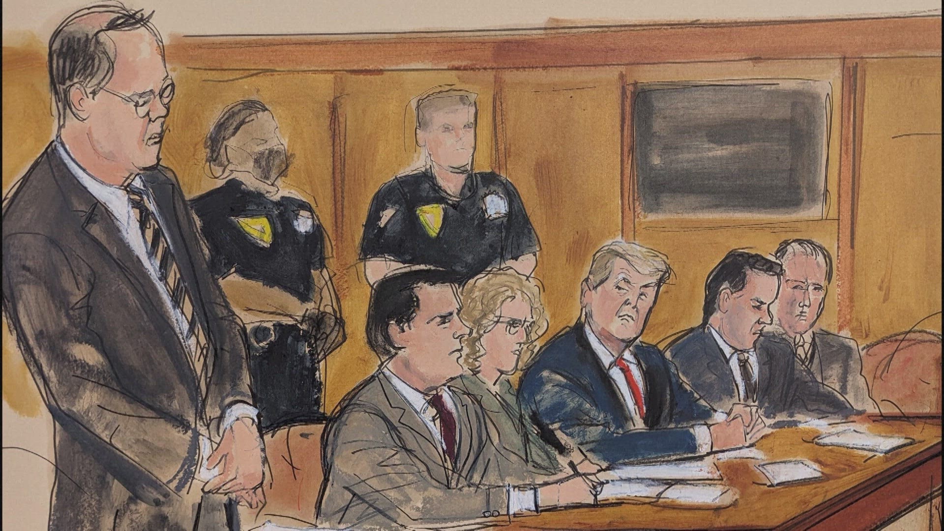 These sketches show former Trump as Assistant DA Christopher Conroy outlines the case against him during Trump's arraignment in court. (Credit: Elizabeth Williams.)