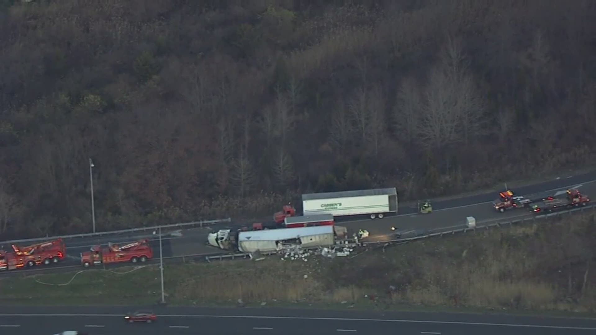 A semi-truck carrying Tito's vodka overturned on a Pennsylvania highway early Thursday morning. Video: ABC