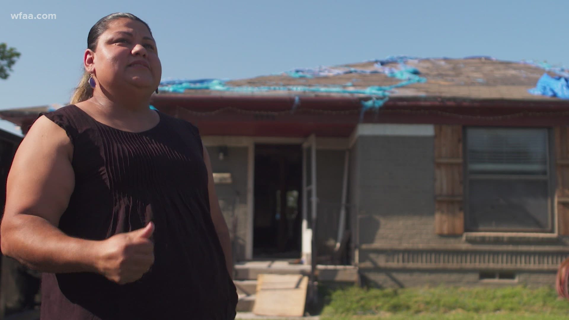 Martha Vega shares story of family's home damaged in Dallas tornado last October.