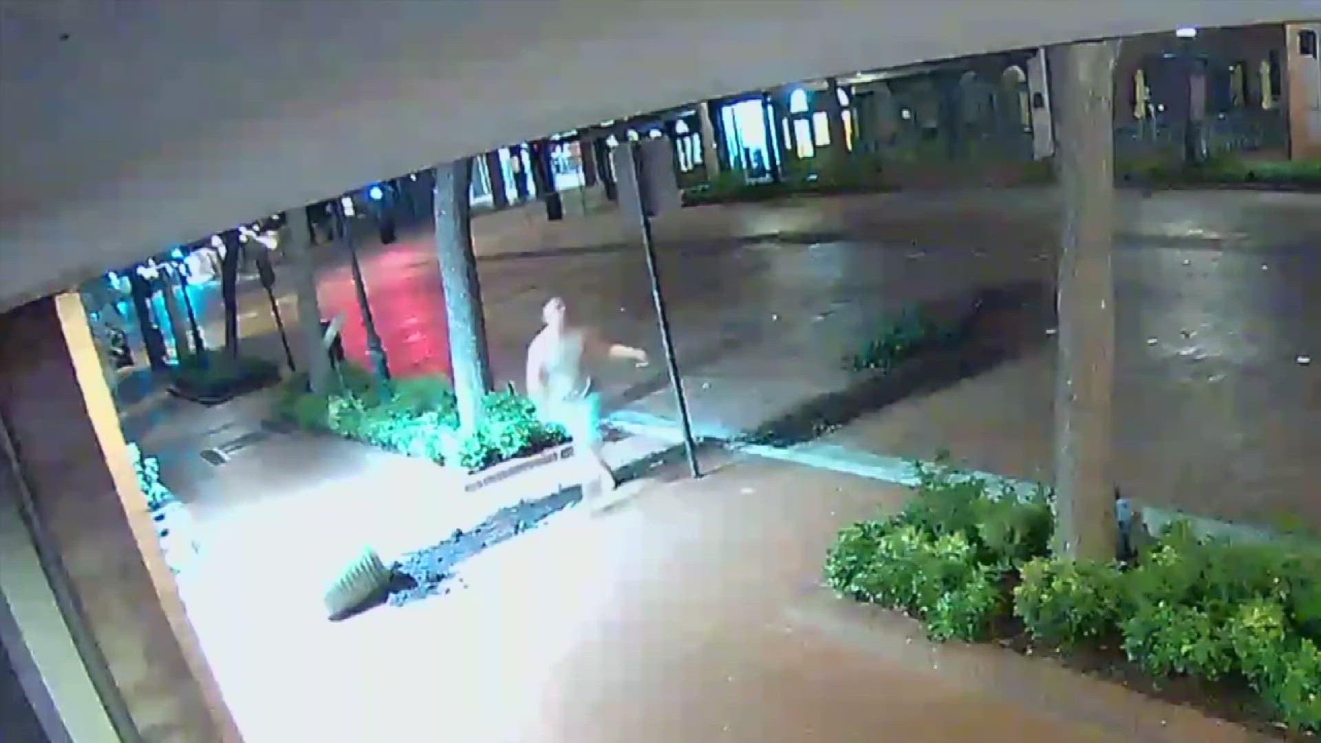 The footage released by Fort Worth police shows a man wearing a tank top, shorts, and sandals walking downtown, yanking plants out and tipping over flowerpots.