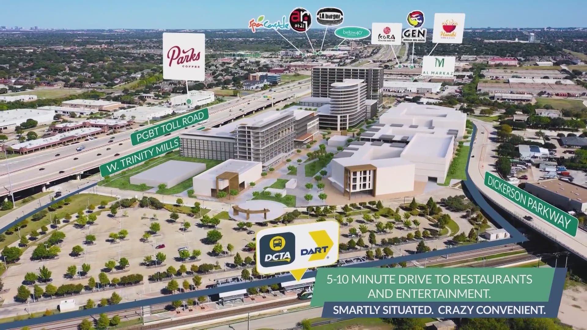 The multi-use project anchored at the Trinity Mills station at the President George Bush Turnpike and I-35 interchange will feature residential, retail, and more.