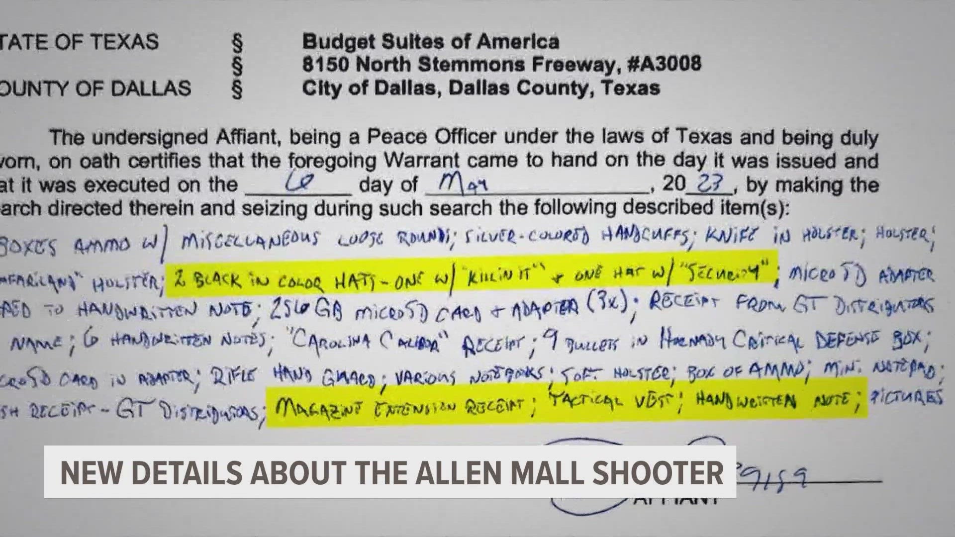 Per a search warrant obtained exclusively by WFAA, investigators found several additional handguns, long guns and ammo inside Garcia's car at the outlet mall.