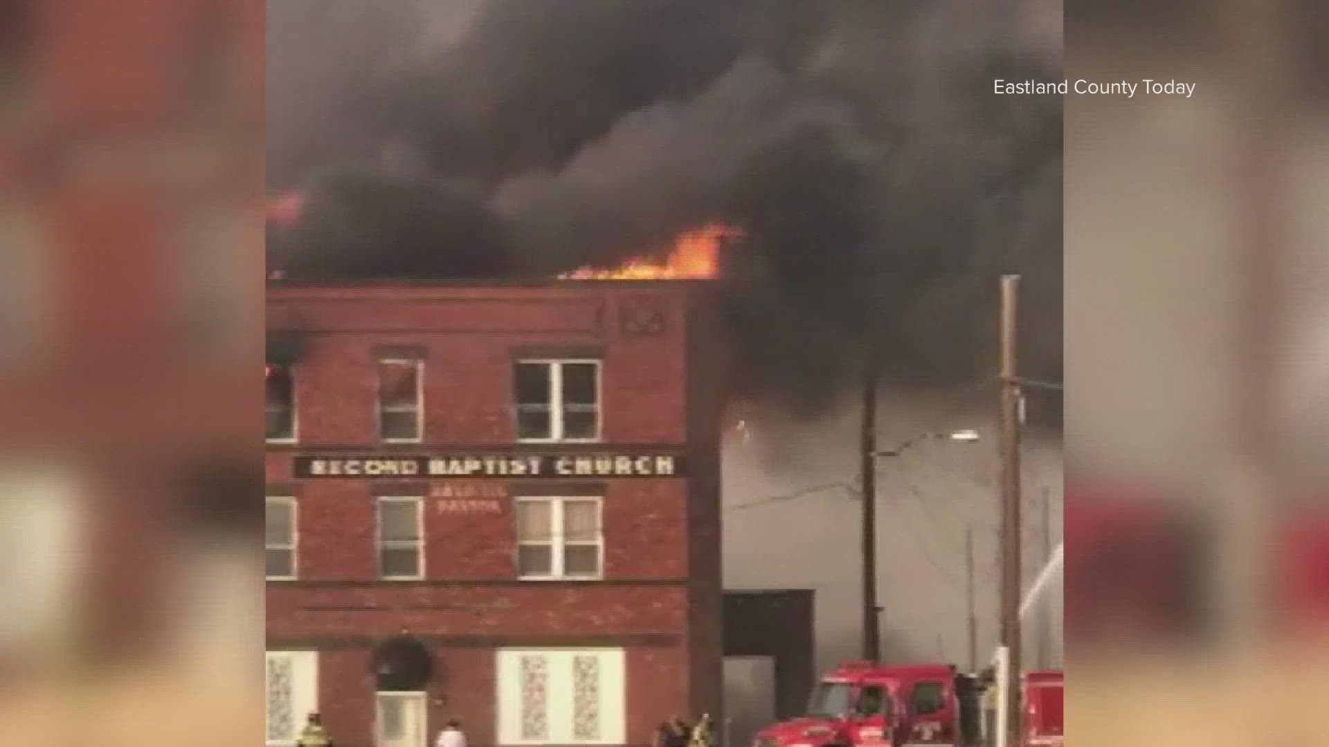 Roaring flames filled the city of Ranger's downtown area and engulfed historic structures including the police department building and a 100-year-old church.