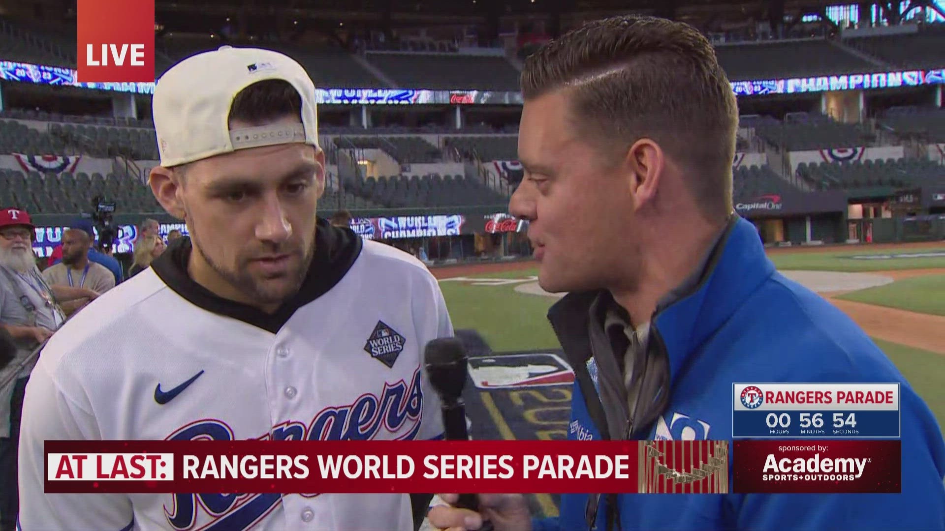 Nathan Eovaldi talks at the Texas Rangers 2023 World Series parade ...