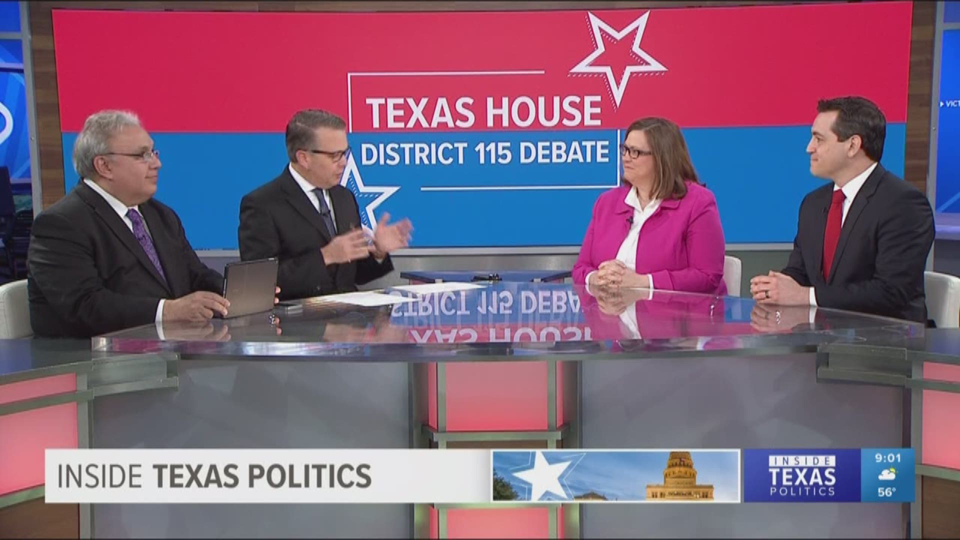 Inside Texas Politics began with a lively debate between the candidates vying for the Texas House District 115 seat. Located in the northwestern part of Dallas County which includes DFW Airport, Carrollton, Farmers Branch and part of Addison, District 115