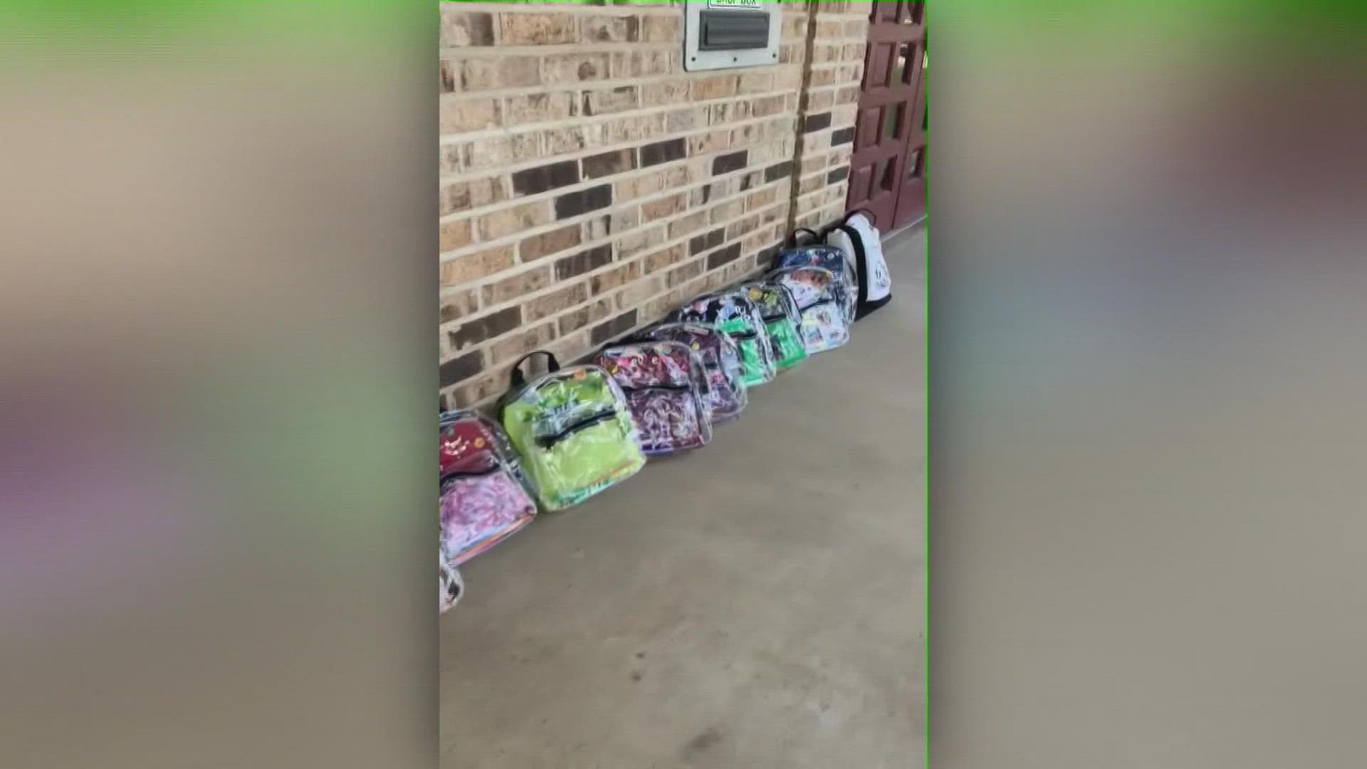 The parents placed 19 backpacks and two teachers outside the door, each one representing the lives lost in the May shooting.