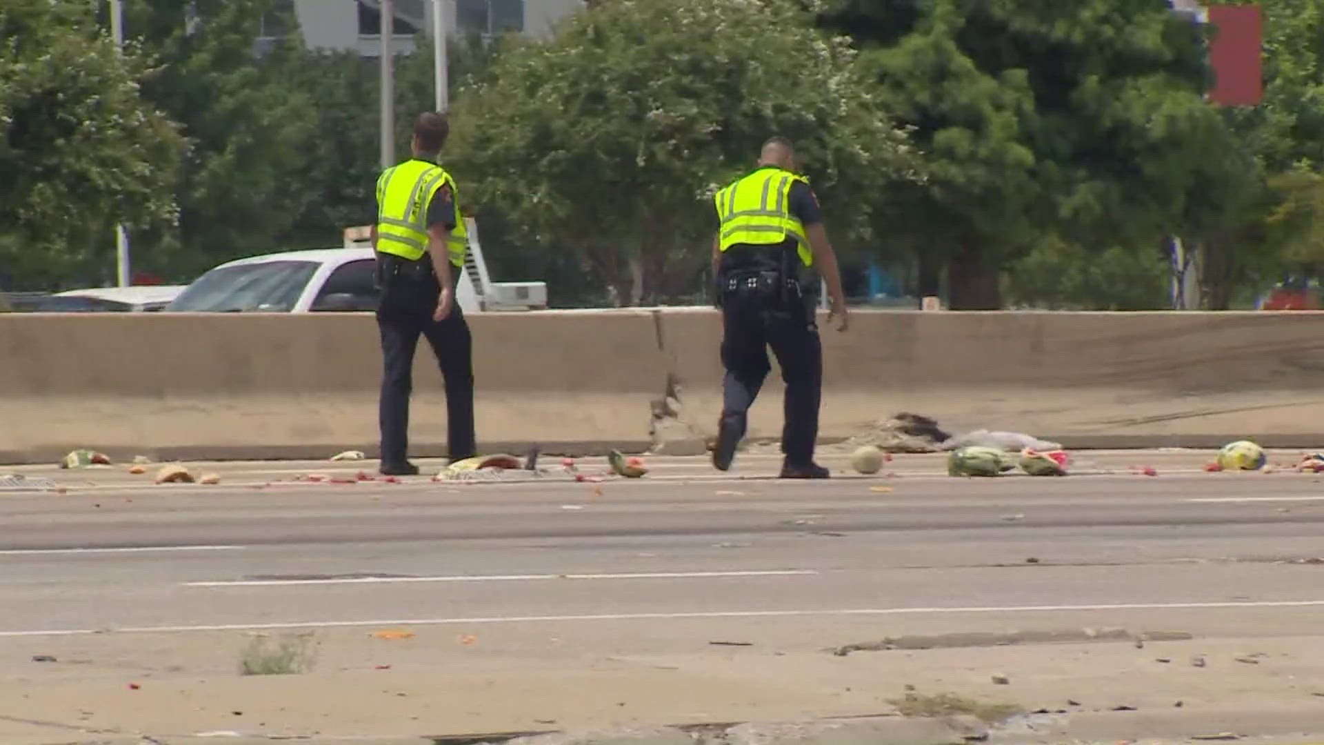 According to police, the crash happened around 1 p.m. on southbound US 75 at Parker Road and a “large amount of debris” scattered everywhere, including watermelons.