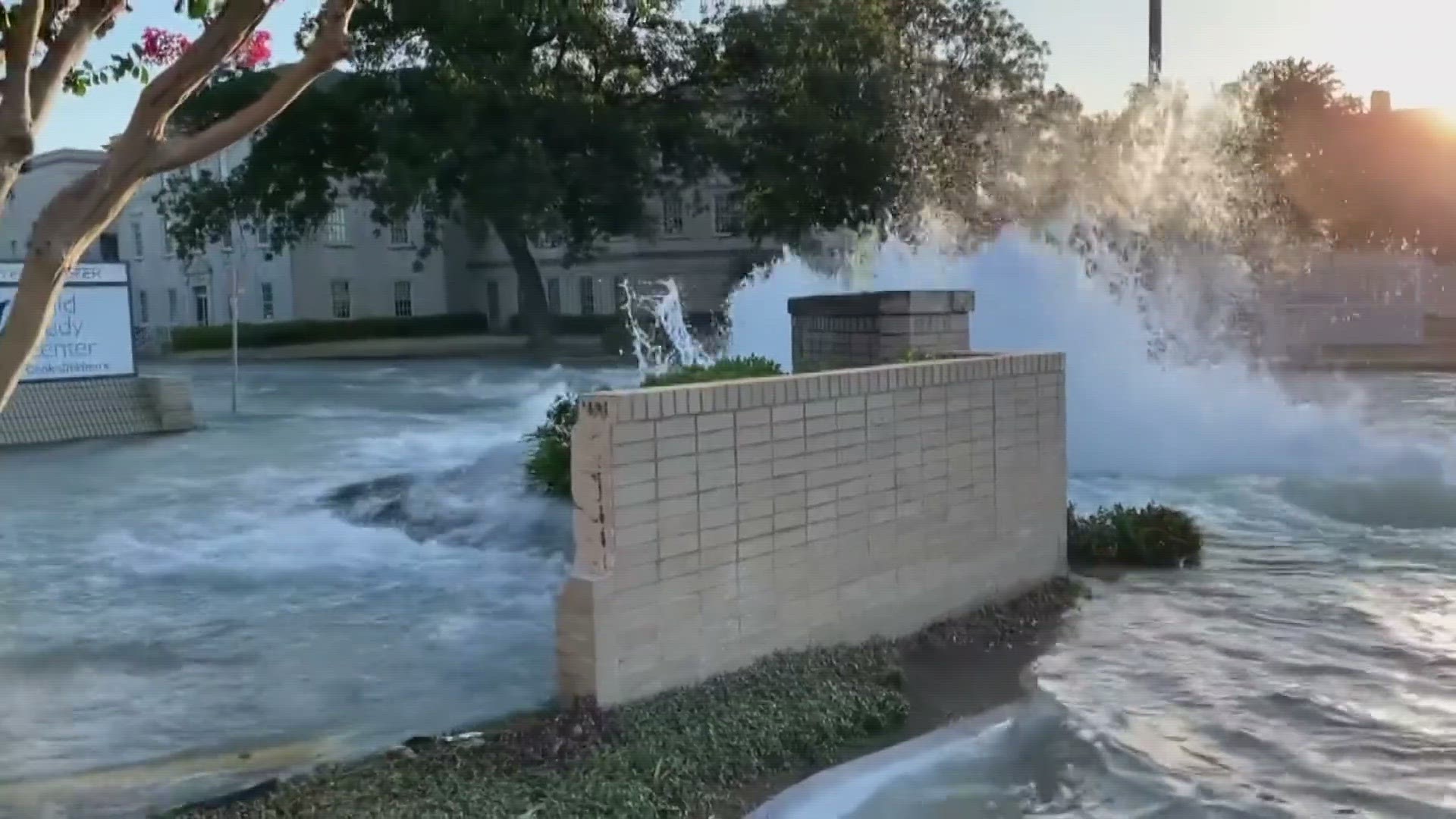 Fort Worth Water Department officials posted video of the massive break, as water surged from a main line and flooded nearby streets along Lancaster Avenue.