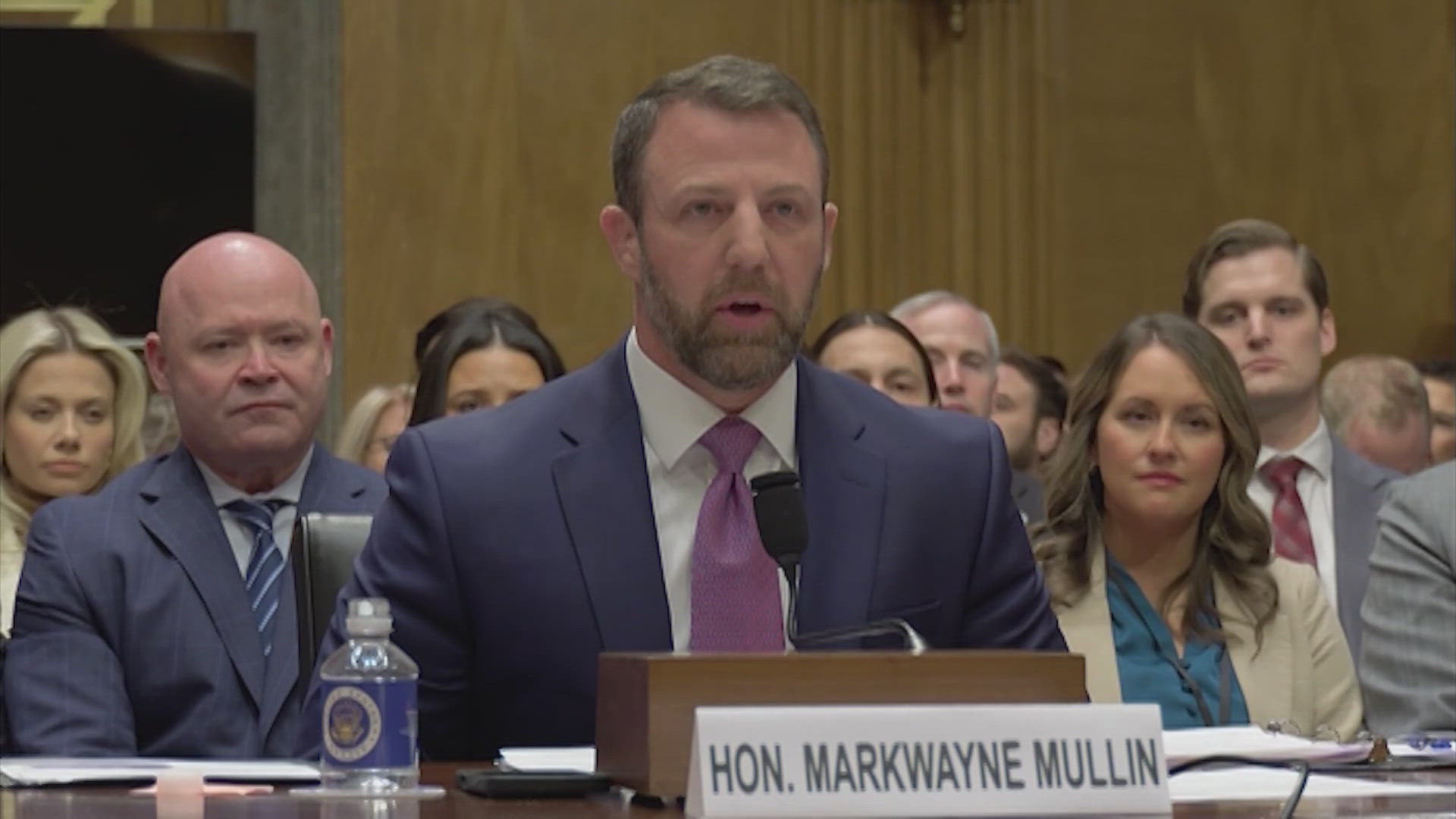 Senator Markwayne Mullin testifies during his confirmation hearing to ...