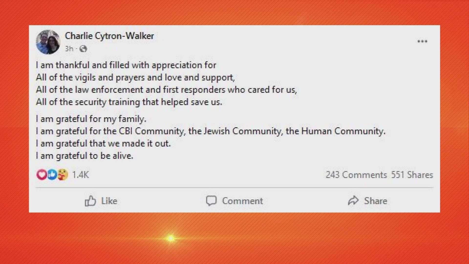 Charlie Cytron-Walker posted an update on his public Facebook page early Sunday morning, thanking law enforcement and the prayers and support from the community.