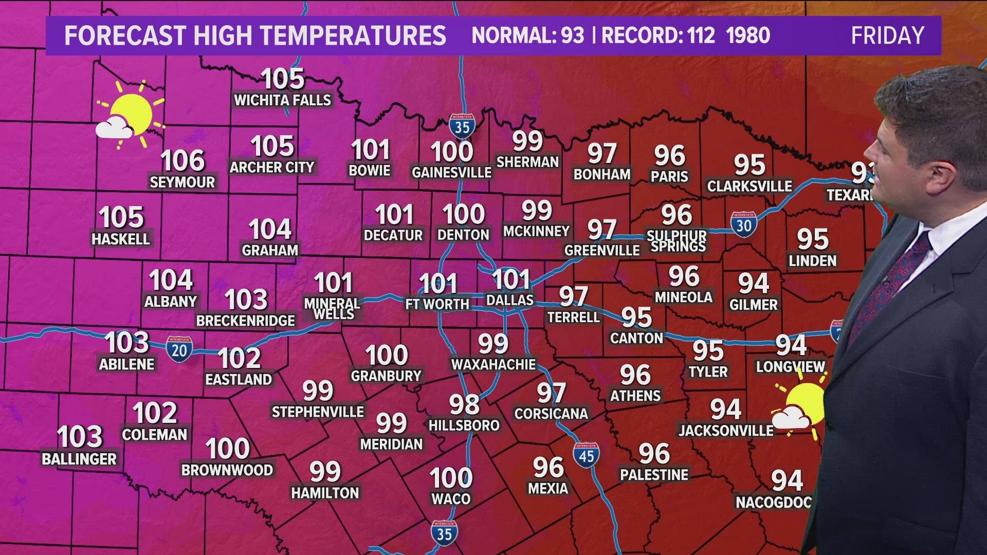 Excessive Heat Warnings issued for Dallas-Forth Worth and other North Texas locations. Heat index could reach over 110° this afternoon.