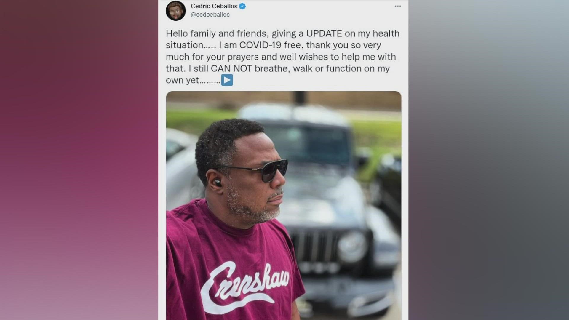 "I still CAN NOT breathe, walk or function on my own yet," Cedric Ceballos said in a tweet on Monday.