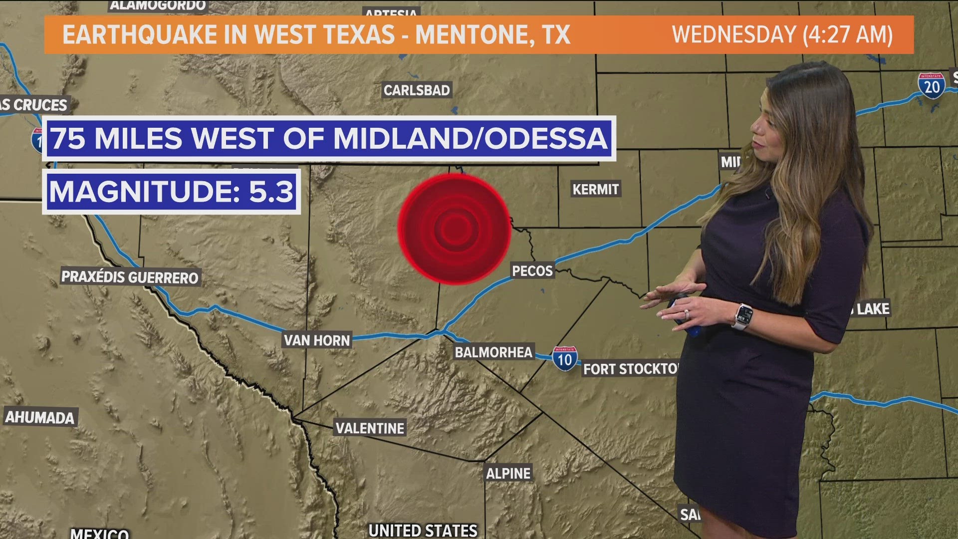 The quake hit about 22 miles southwest of Mentone, Texas at about 3:27 a.m. on Wednesday.