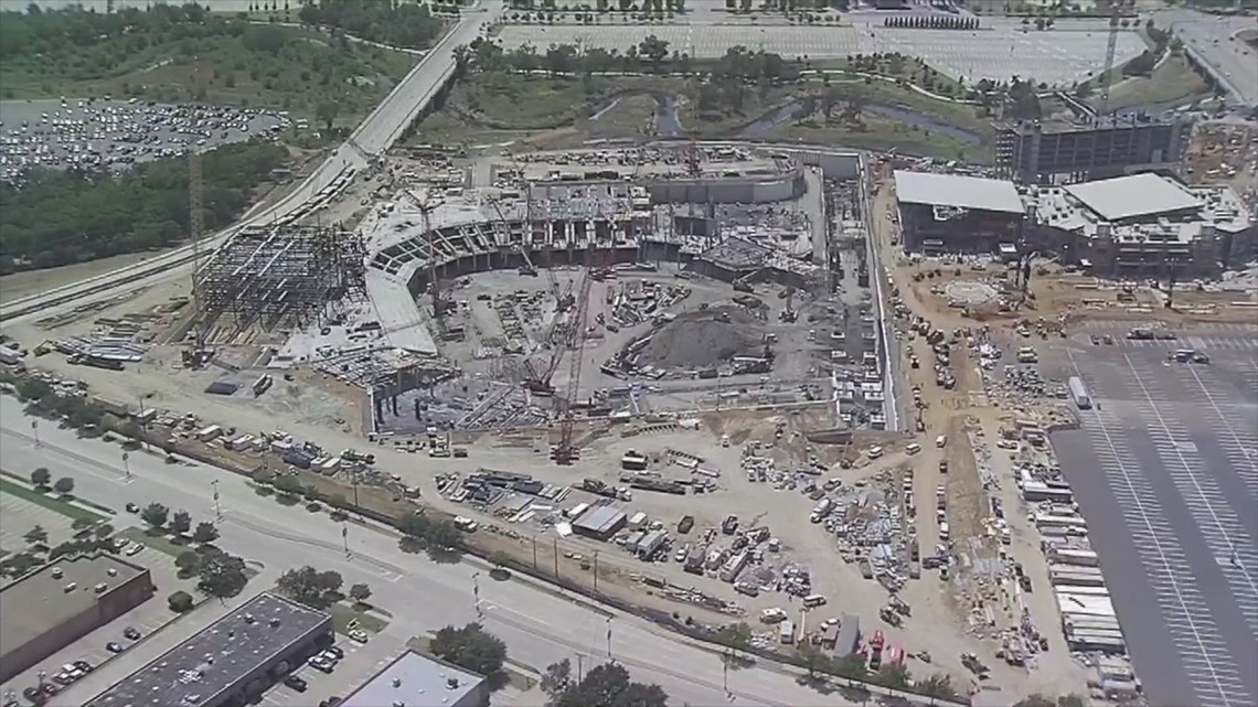 Aerial view: Construction of Globe Life Field, Texas Live 