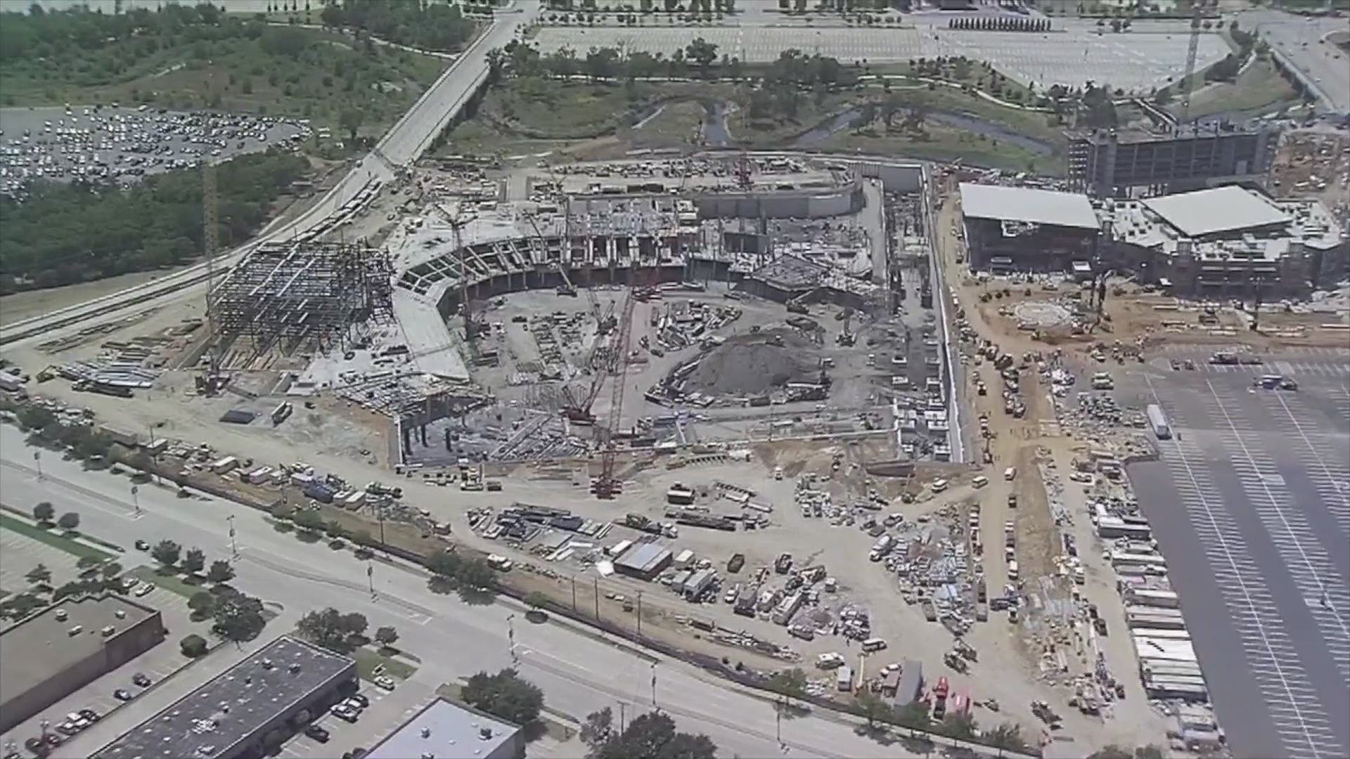 Chopper video of construction being done at the site of Globe Life Field and the adjacent entertainment district, Texas Live!