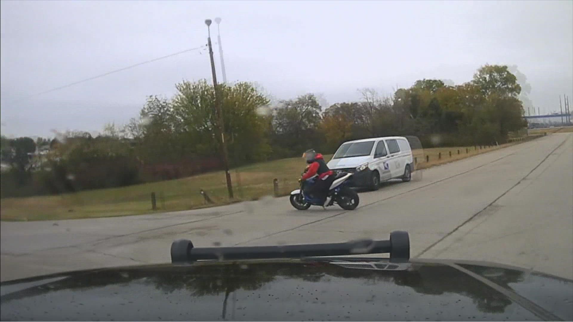 Police said officers tried to pull the motorcyclist over since he didn't have plates on his bike.