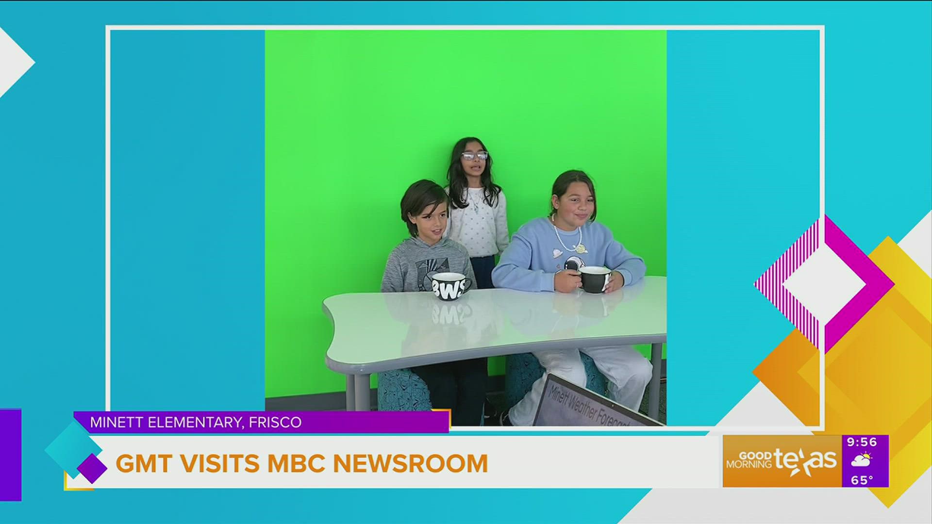 The fifth grade students that make up the broadcast news club at Minett elementary in Frisco showed Hannah and GMT's Senior Producer around their set.