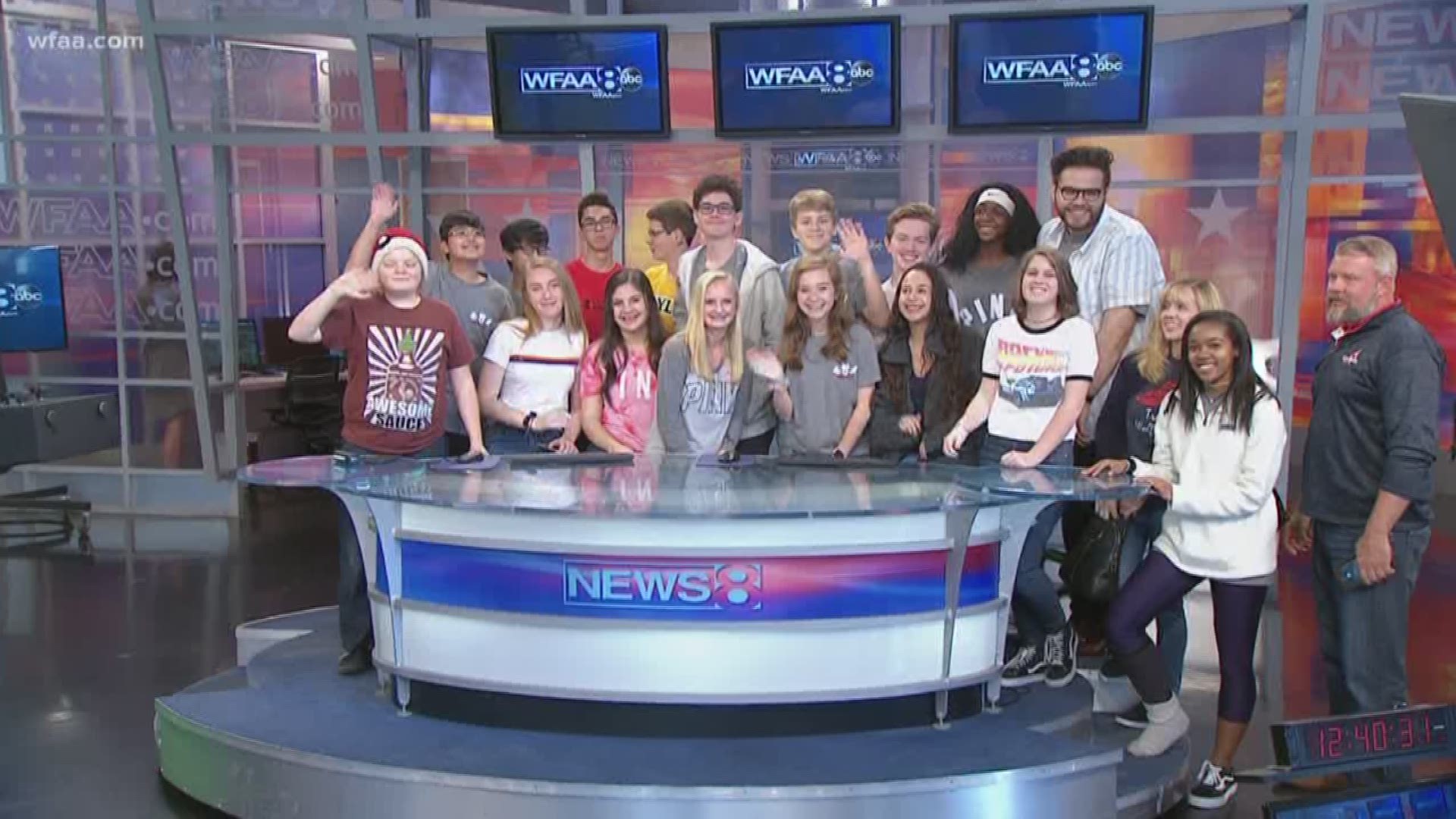 The broadcast class from Trent middle school in Frisco visits the noon show.