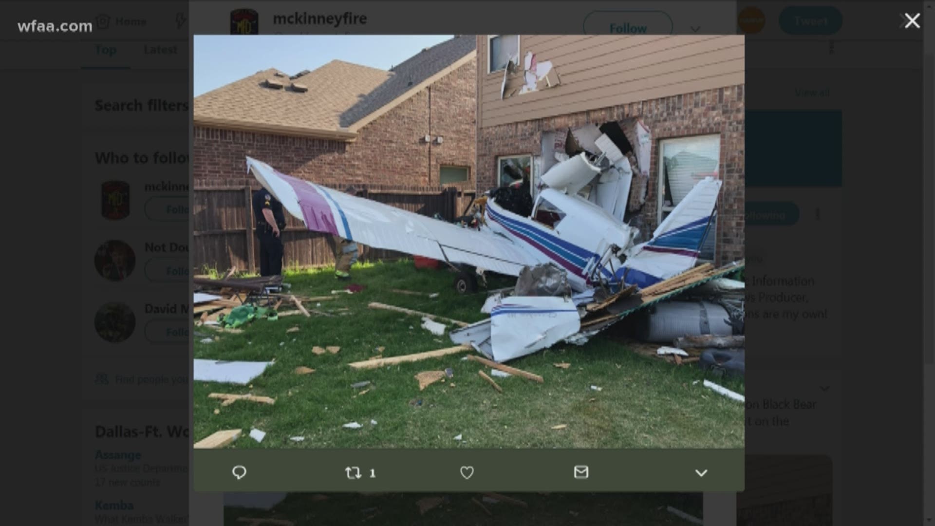 Two were taken to an area hospital after a small plane crashed early Thursday evening into a McKinney home.