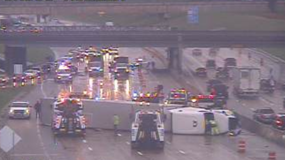 Eastbound lanes on I-635 reopened after big rig overturned | wfaa.com