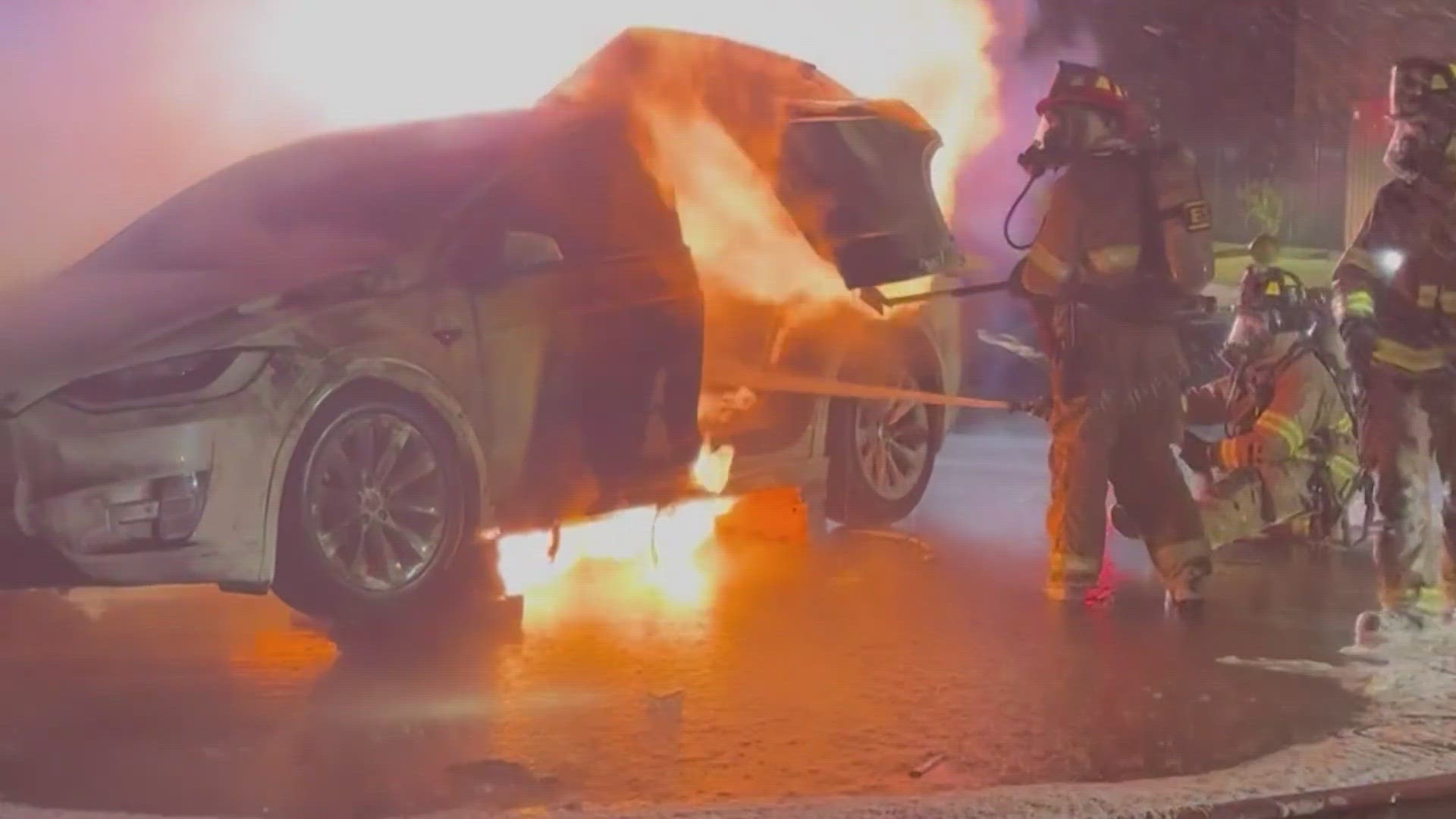 Overnight Friday, a North Texas family raced to put out the flames that came shooting out of their Tesla car.