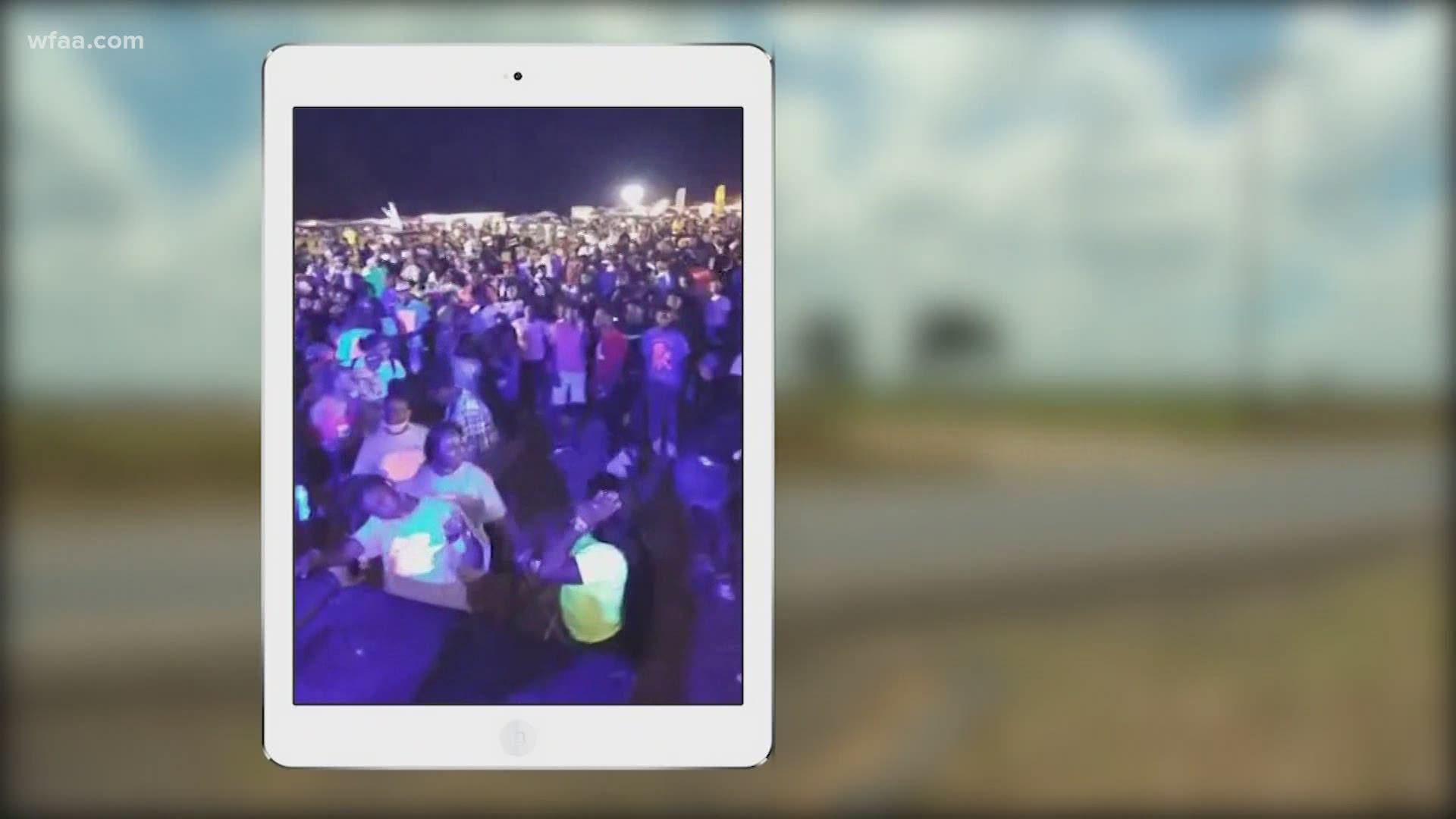 Large crowd gathers at field in Van Zandt County for party. Social distancing isn't enforced. Very few masks worn among participants. County officials investigating.