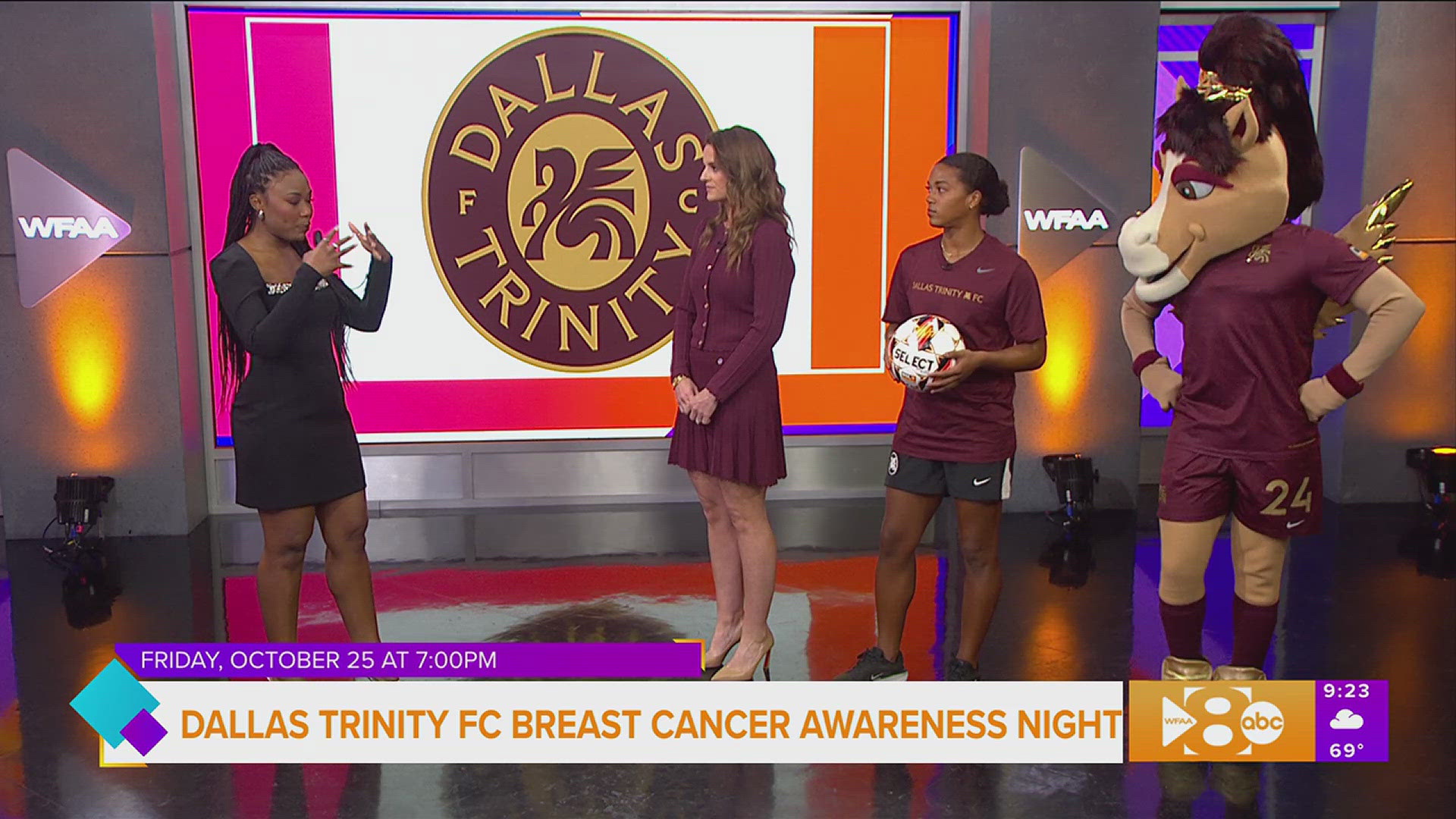 We learn more about Dallas Trinity FC Breast Cancer Awareness Night and are introduced to their new mascot "Boots".