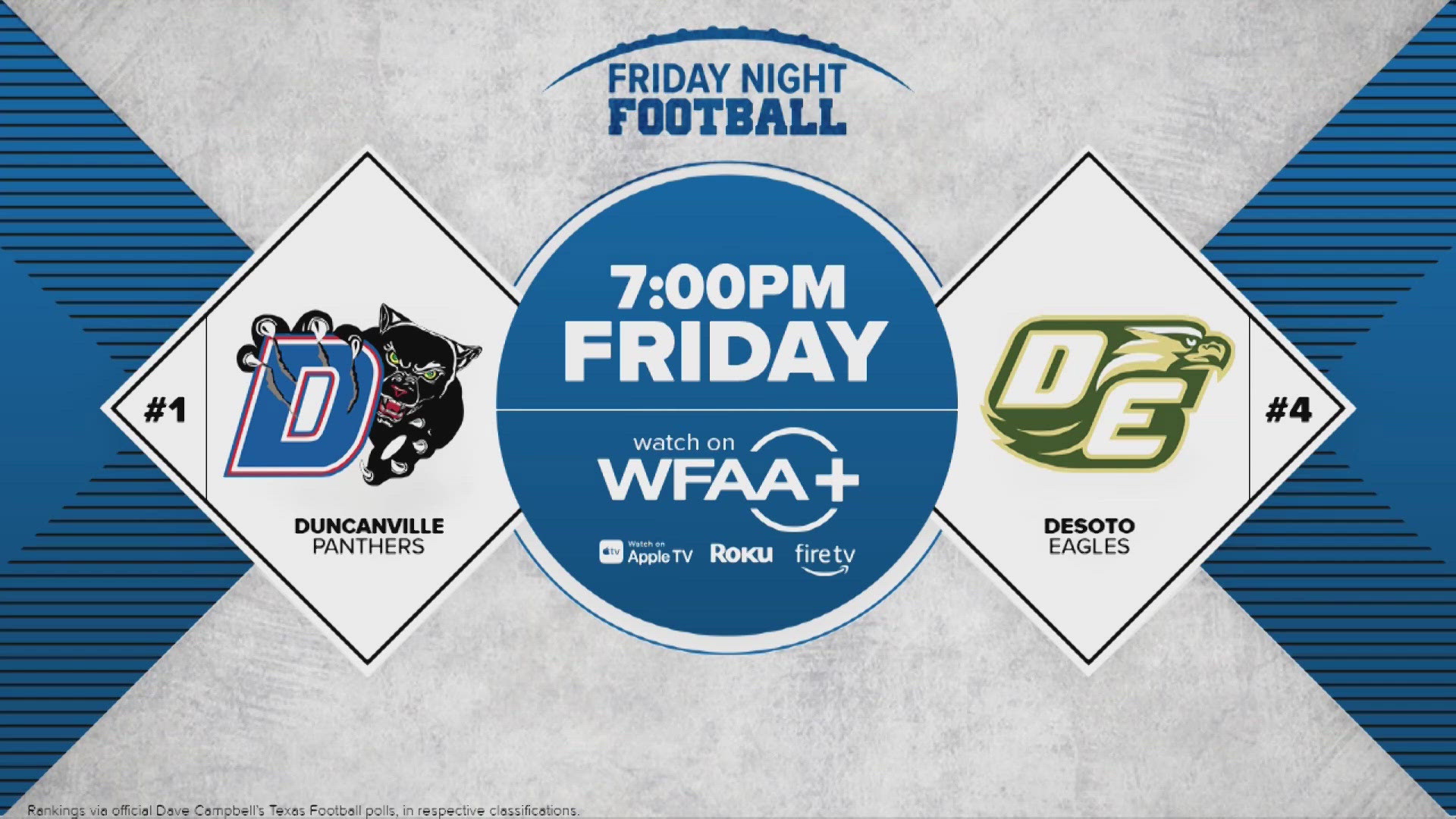 Friday night, the #1 Duncanville Panthers will meet the #4 DeSoto Eagles for a top-5 matchup in Texas high school football.