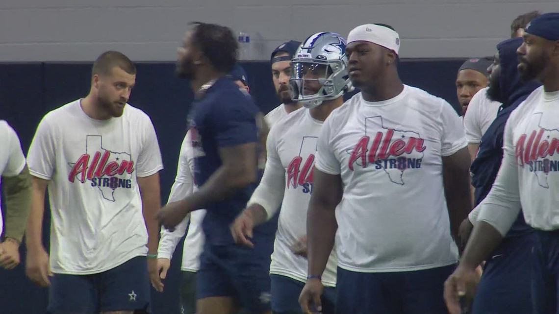 Dallas Cowboys players wear Allen Strong t-shirts to show support during practice