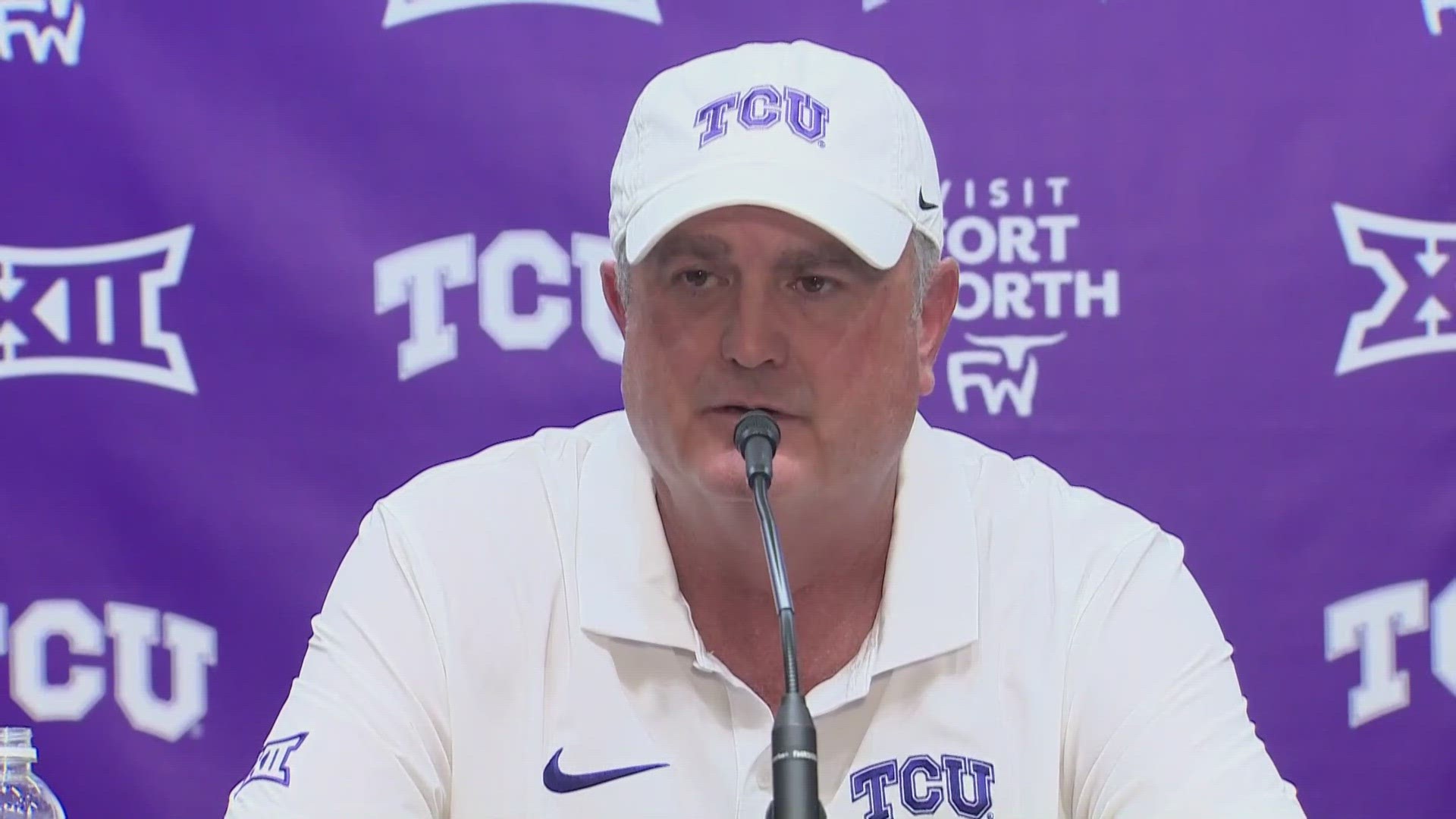 TCU coach Sonny Dykes addresses his team's loss to Deion Sanders and the Colorado Buffaloes on Saturday in Fort Worth, Texas.