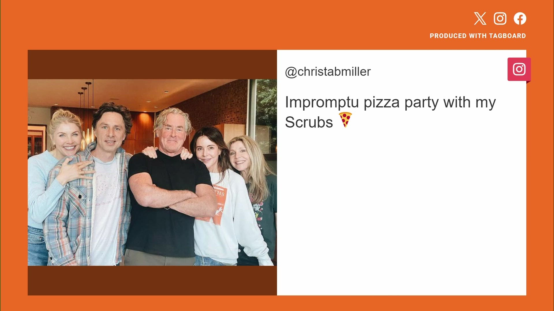 Christa Miller, John C. McGinley, Zach Braff, Sarah Chalke and Amanda Kloots posed for a photo during an "impromptu pizza party."