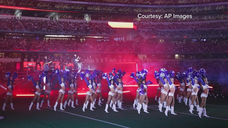 This Dallas Cowboys Cheerleader, Angela (the team does not publicize the  last names of its cheerleading squad members), and about 35 others,  entertain the crowd at a National Football League game at