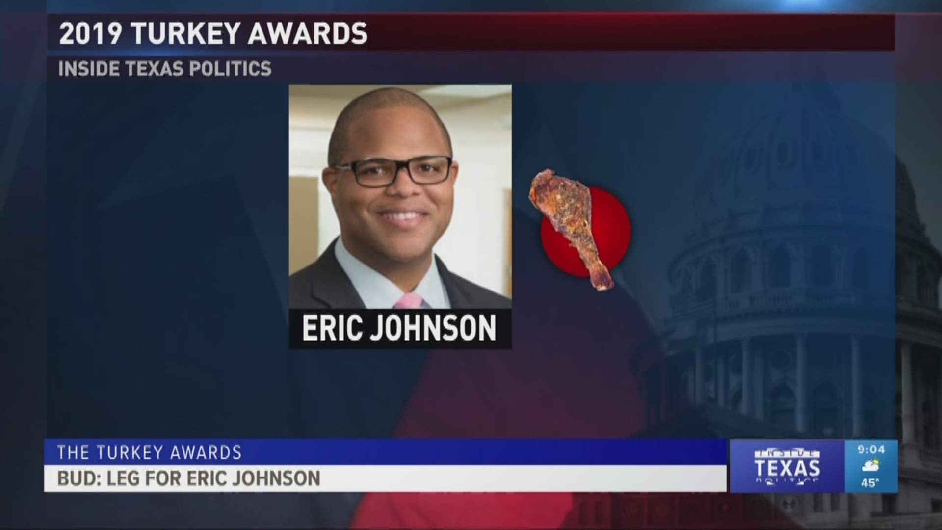 Dallas Mayor Eric Johnson gets a turkey leg for getting elected to his role and for being the first Dallas native to hold the spot in recent memory.