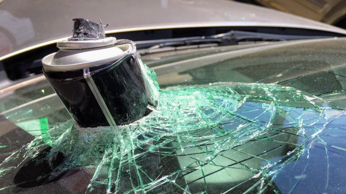 Hairspray can explodes in hot car, smashes windshield