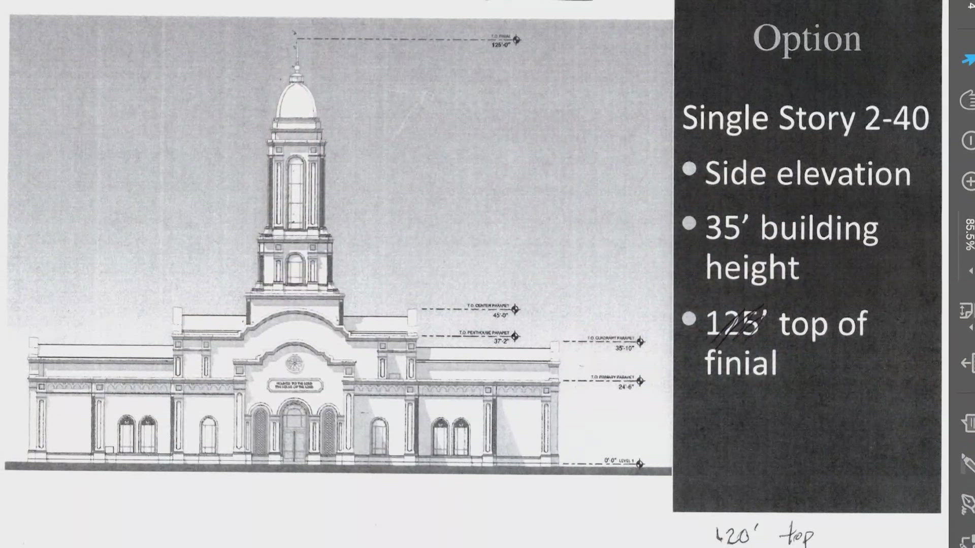 The updated plan for the temple proposes a one-story, 35-foot-tall building, and a 120-foot tower.