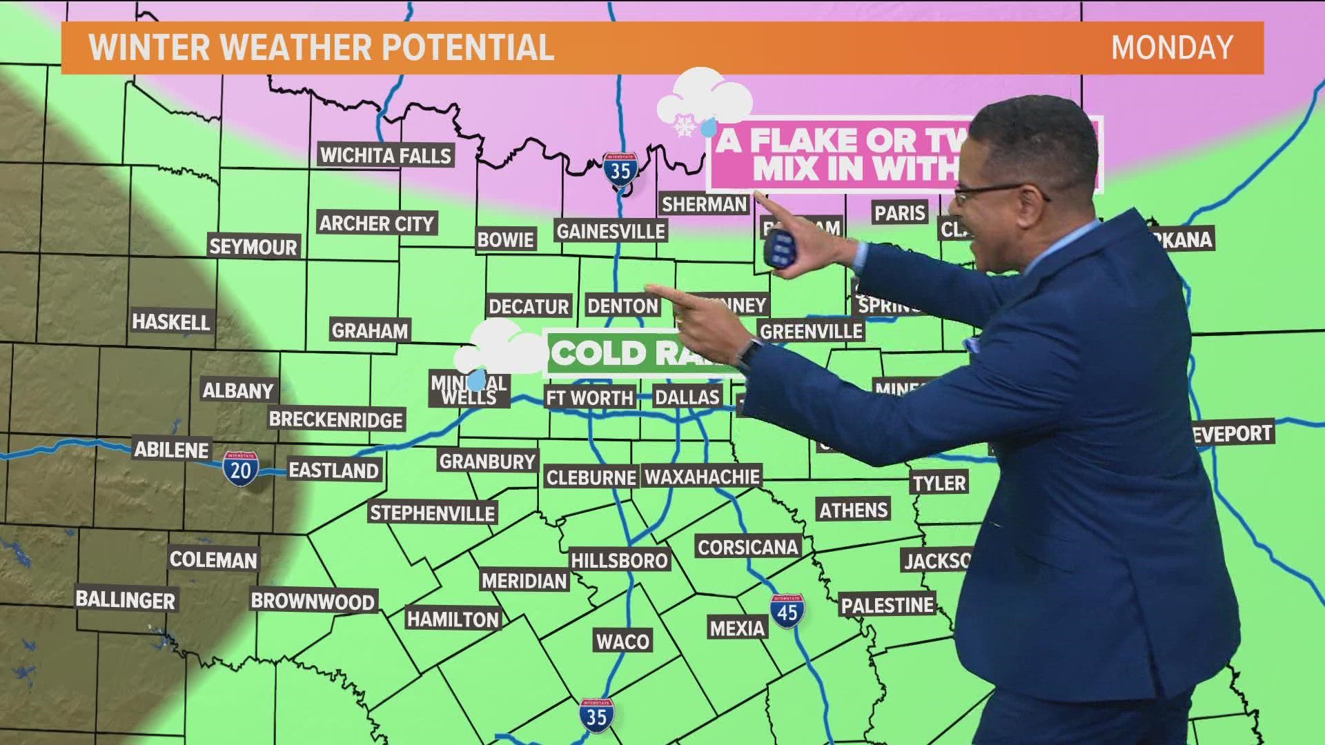 Counties along the Red River could see a flake or two, but mostly we'll just get rain.