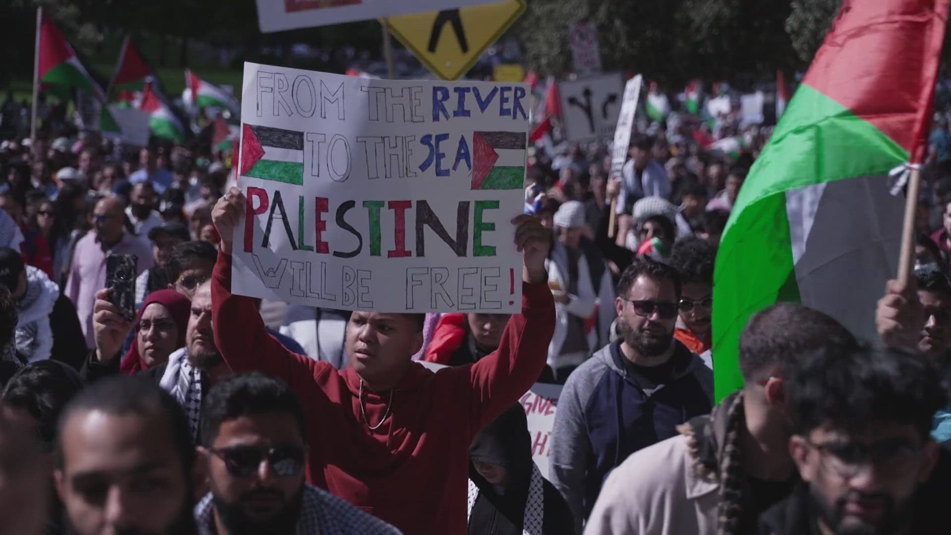 The "All Out for Palestine" protest is said to have been organized by multiple local Palestinian and Muslim groups.