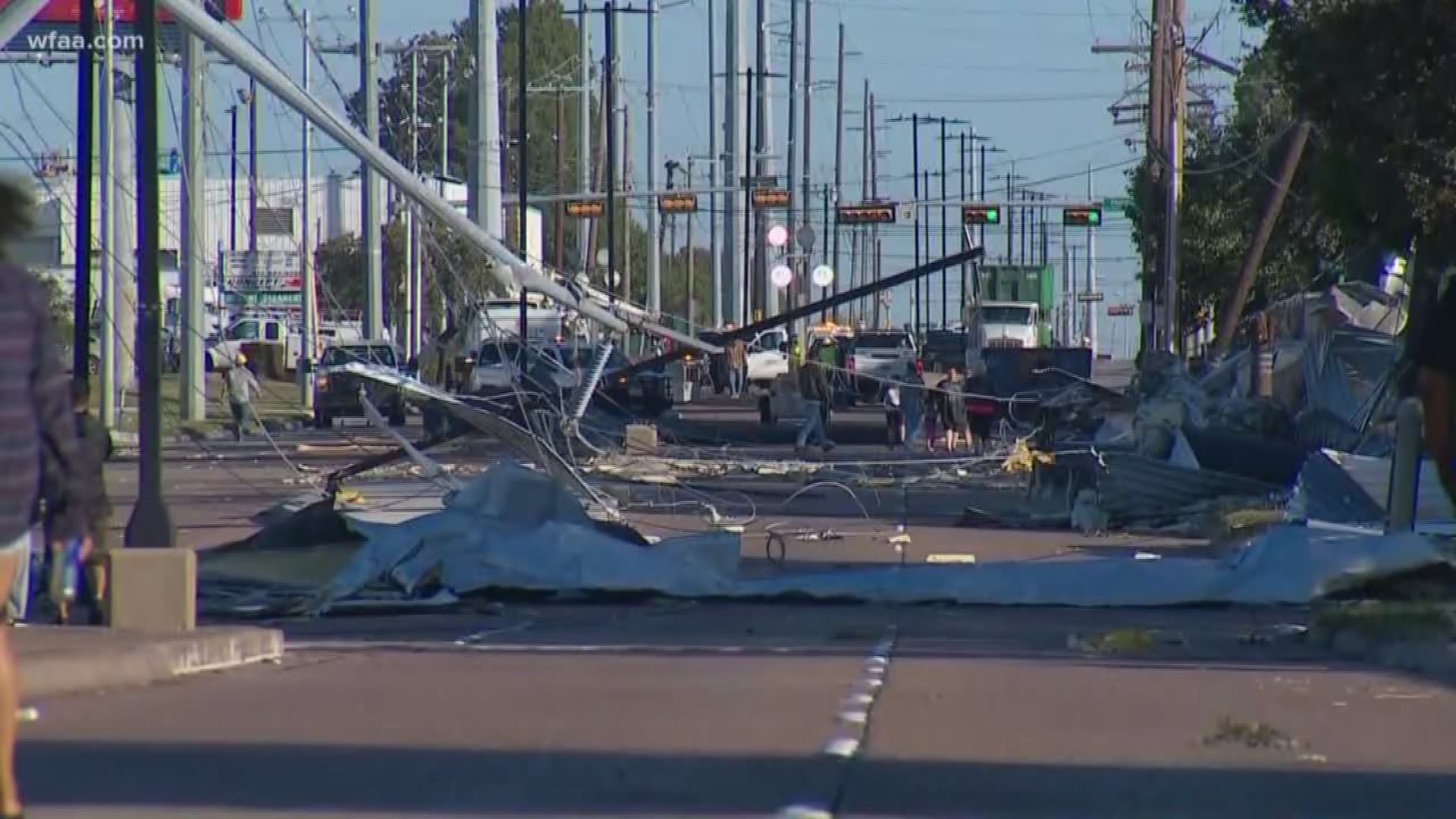 Sunday night's DFW storms brought down power lines in Garland and destroyed an office building that had just recently been completed in the last few months.