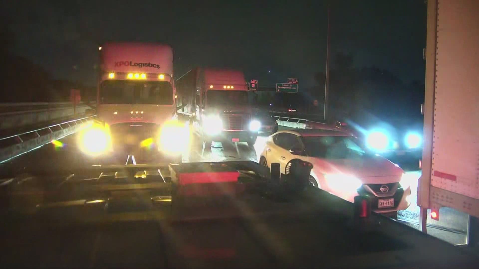 A jackknifed semi truck was blocking multiple lanes early Tuesday morning.