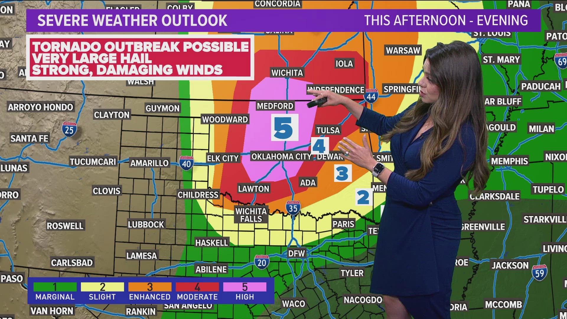 DFW Weather: Rare "high risk" level 5 out of 5 issued for Oklahoma. Lower threat for severe storms in North Texas.