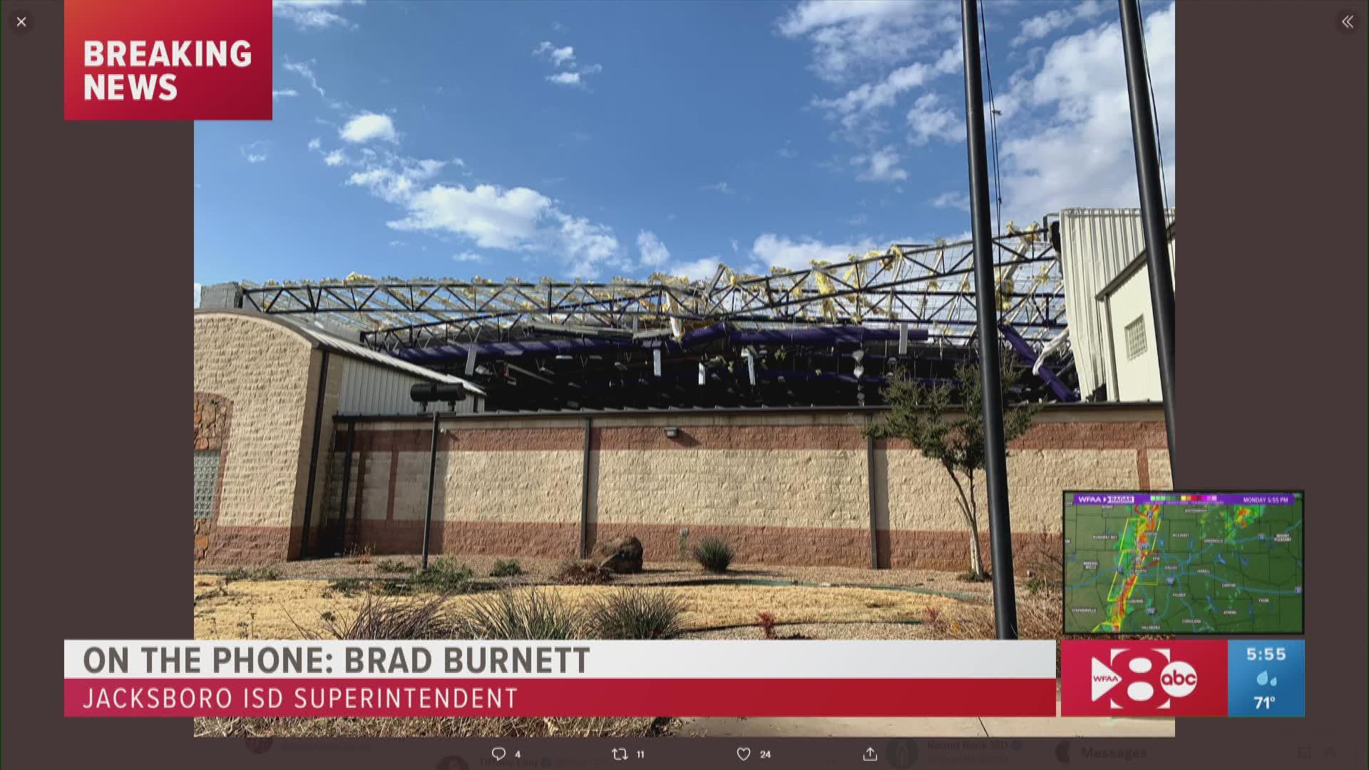 The Superintendent of Jacksboro schools says there were no reported injuries of students or staff after a reported tornado struck the high school.