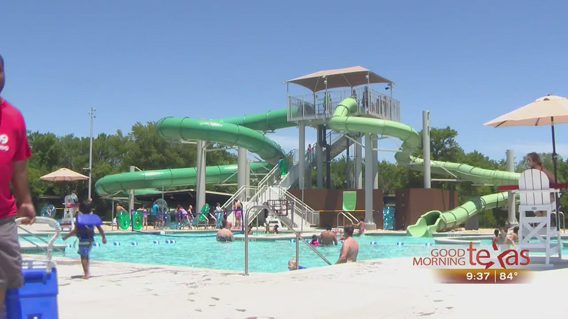 The Plano pool has slides, a lazy river, a rock climbing wall and much, much more!