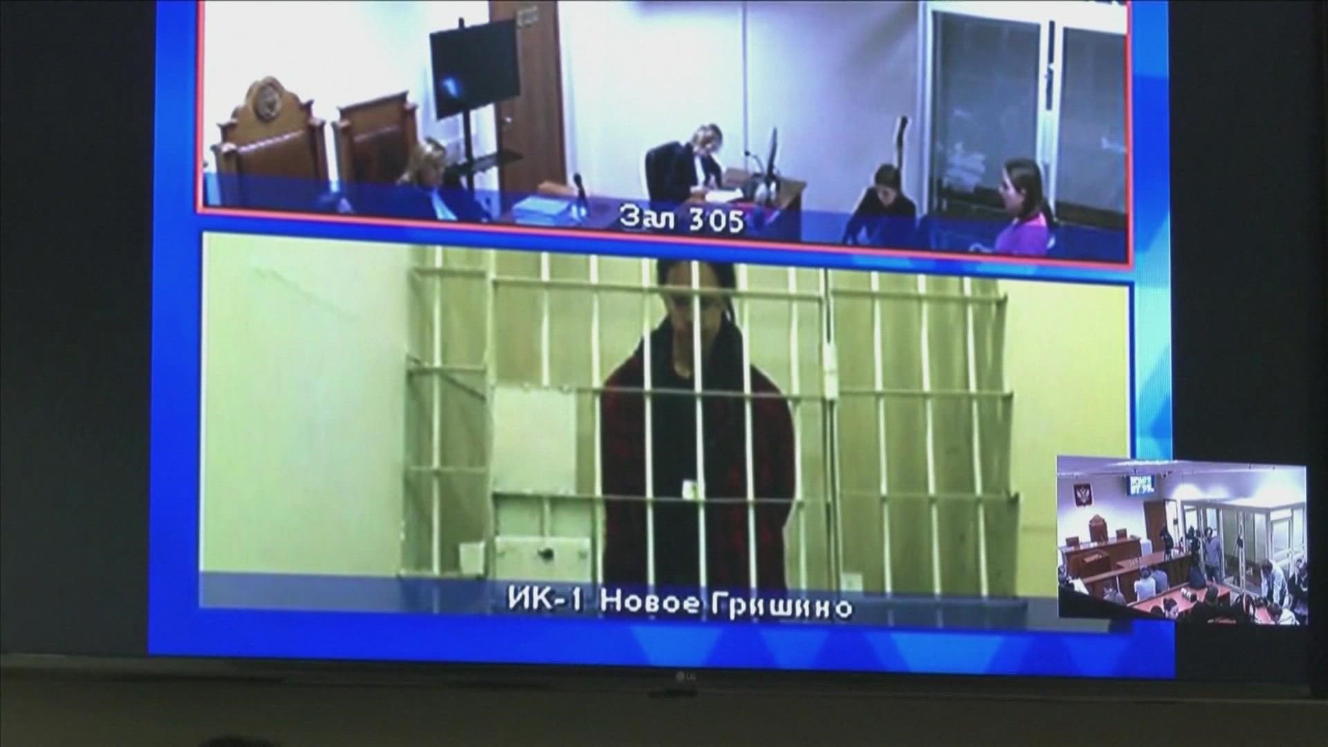 Brittney Griner took part in the court hearing via video call from a penal colony outside Moscow where she is imprisoned.