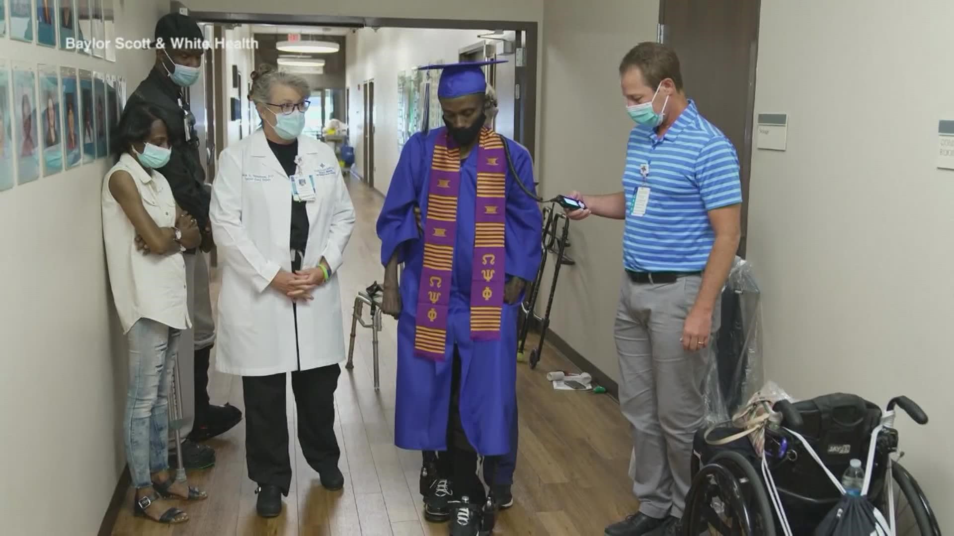 Borner's spinal cord was injured during football practice in 2009. With the help of an exoskeleton, he walked again for the first time this summer.