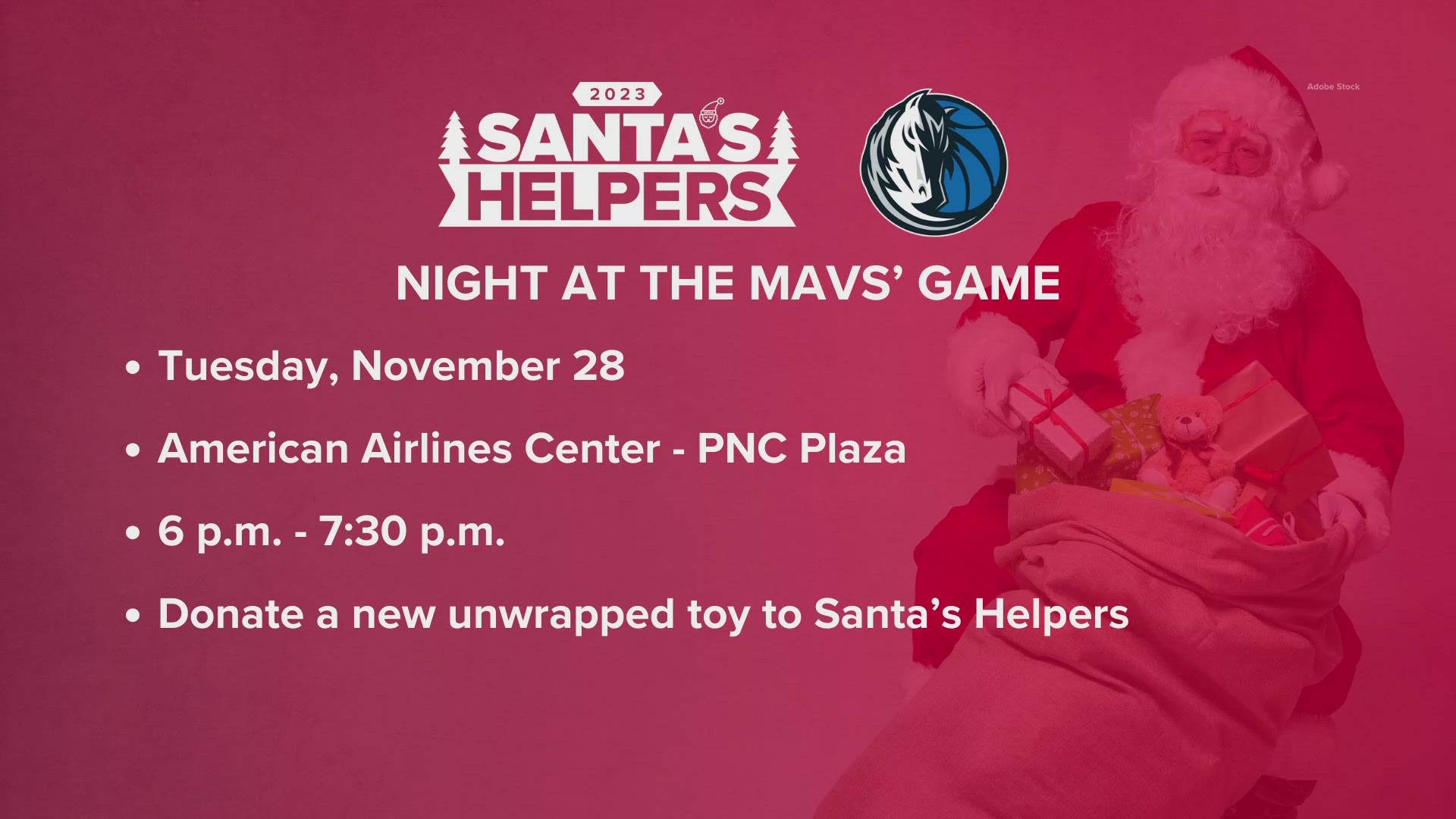 Fans can bring new, unwrapped toys to PNC Plaza outside of the AAC ahead of the Mavs' home game against Houston on Nov. 28.