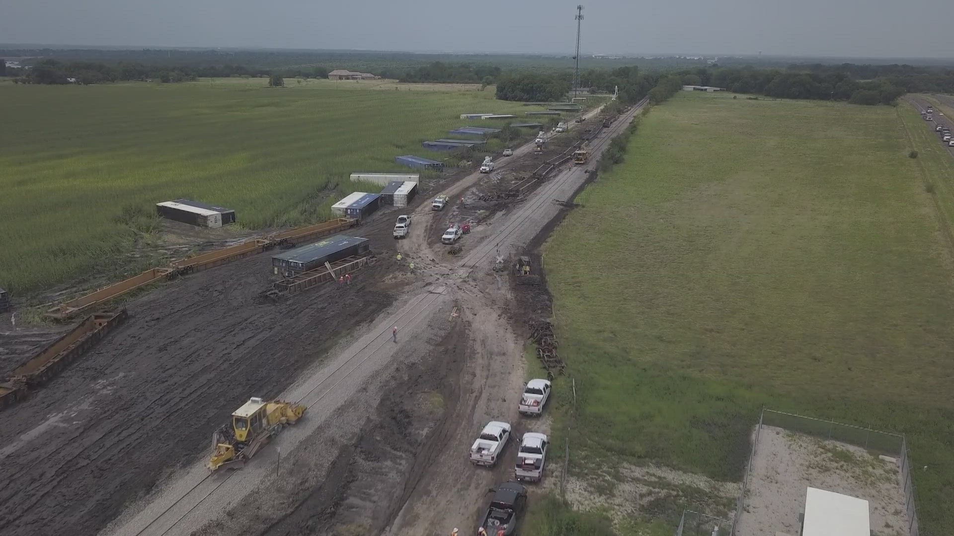 A train derailed near Corsicana, Texas, during a round of severe weather that brought powerful winds.