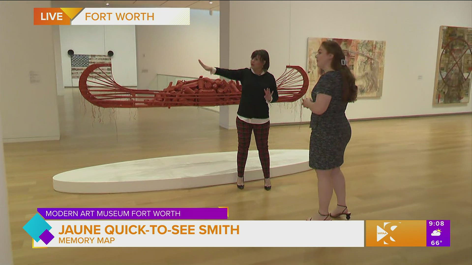 Paige takes a look at a new Native American art exhibit in the Modern Art Museum that features works from Native American Artist "Jaune Quick-To-See Smith".