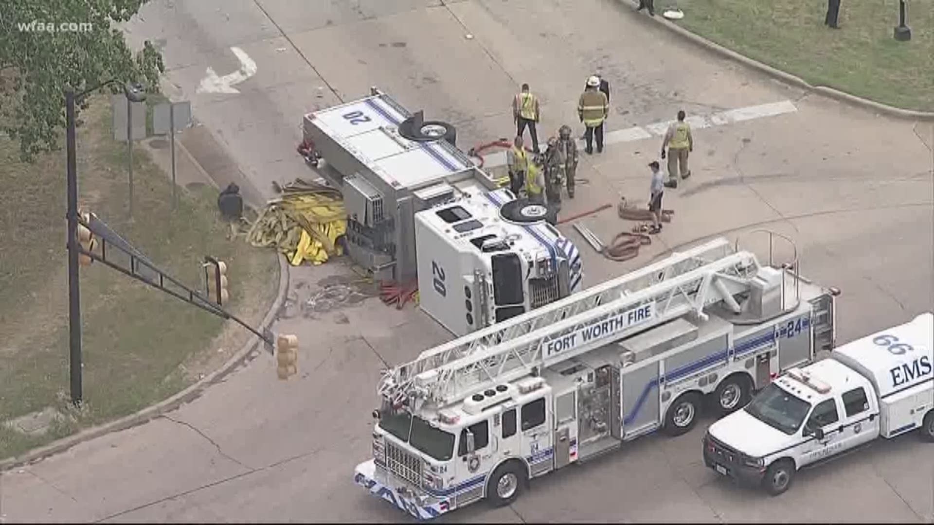 Fire truck overturns after crash in Fort Worth