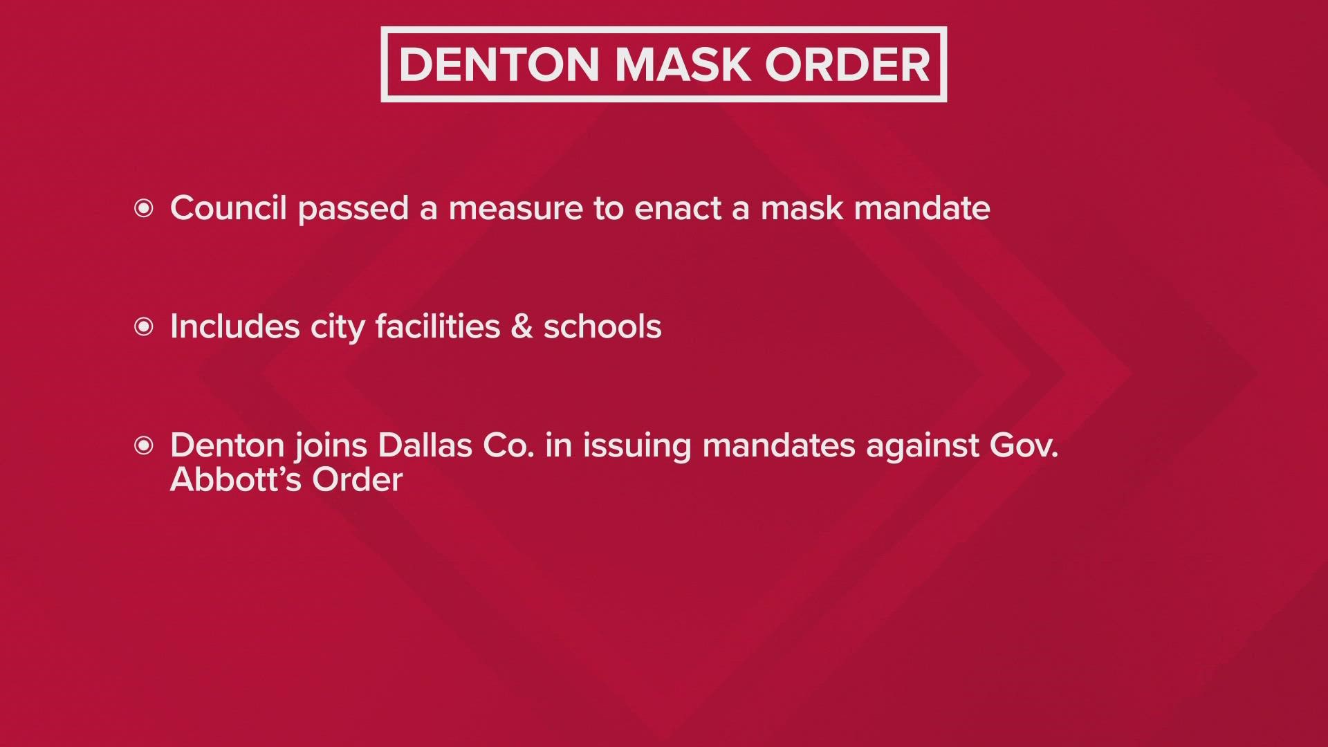 Denton is the latest city to defy Gov. Greg Abbott's ban on mask mandates.