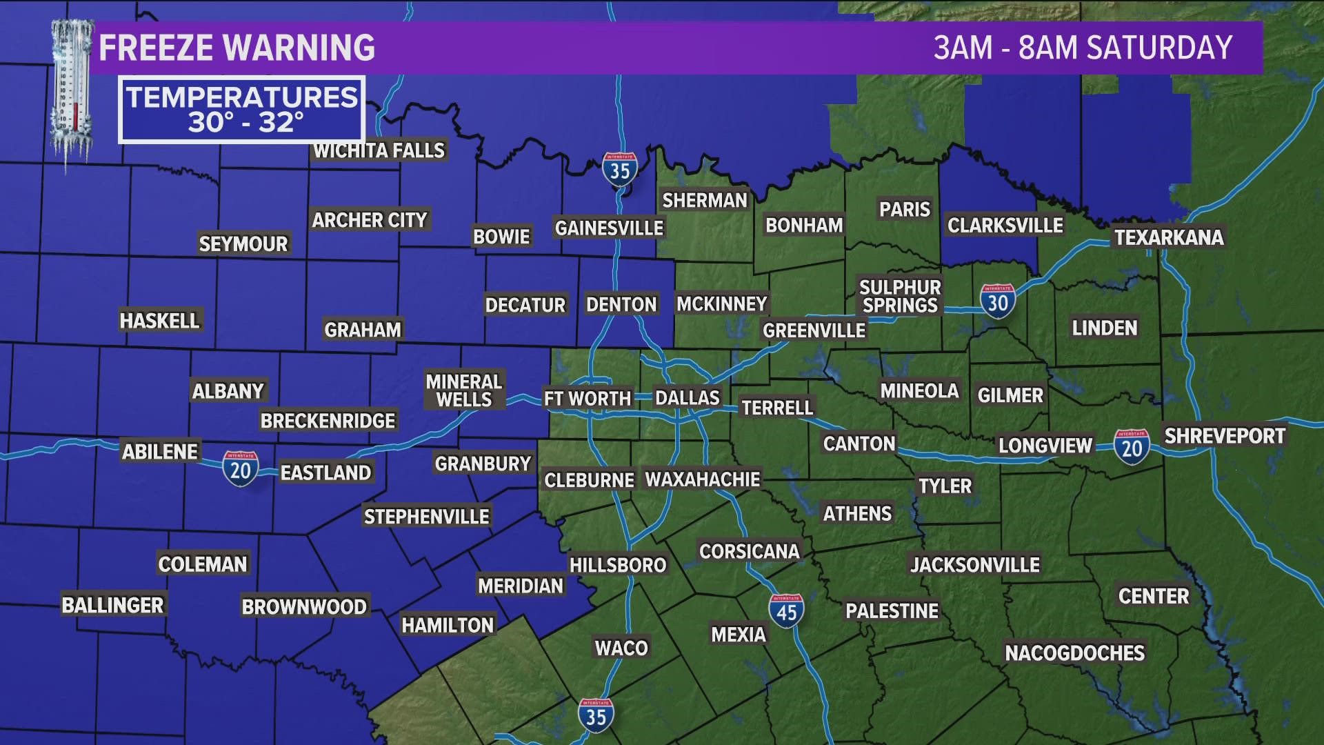 A freeze warning is in effect for the western half of North Texas.